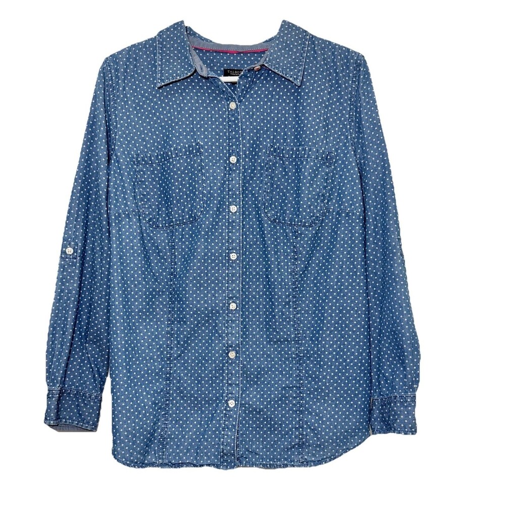 Talbots 16WP Blue Chambray Polka Dot Button Front Roll Tab Cotton Shirt Petite